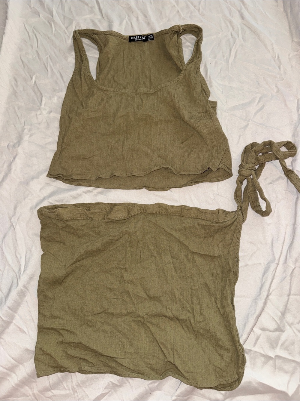 Nasty Gal Olive Ribbed Crop Tank and Tie Skirt Set